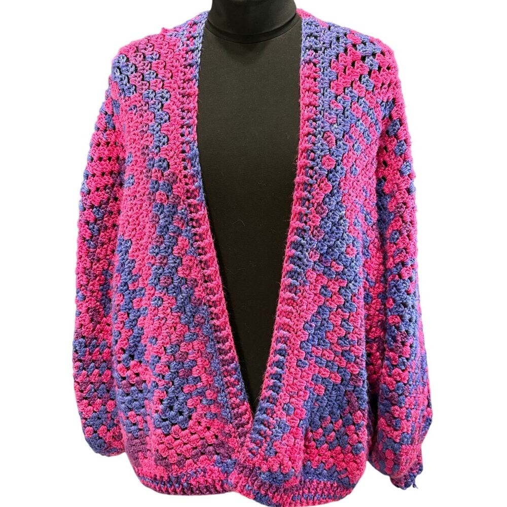 Hand Knit Pink / Purple open front cardigan with full sleeves Womens Sz L/XL